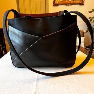Vintage 1980's Hush Puppies Envelope/Origami Black Leather & Fabric Shoulder Bag
